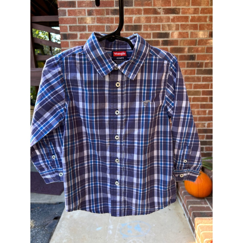 Wrangler Boys 4T Blue Plaid Long Sleeve Button Down Shirt Western Casual Top